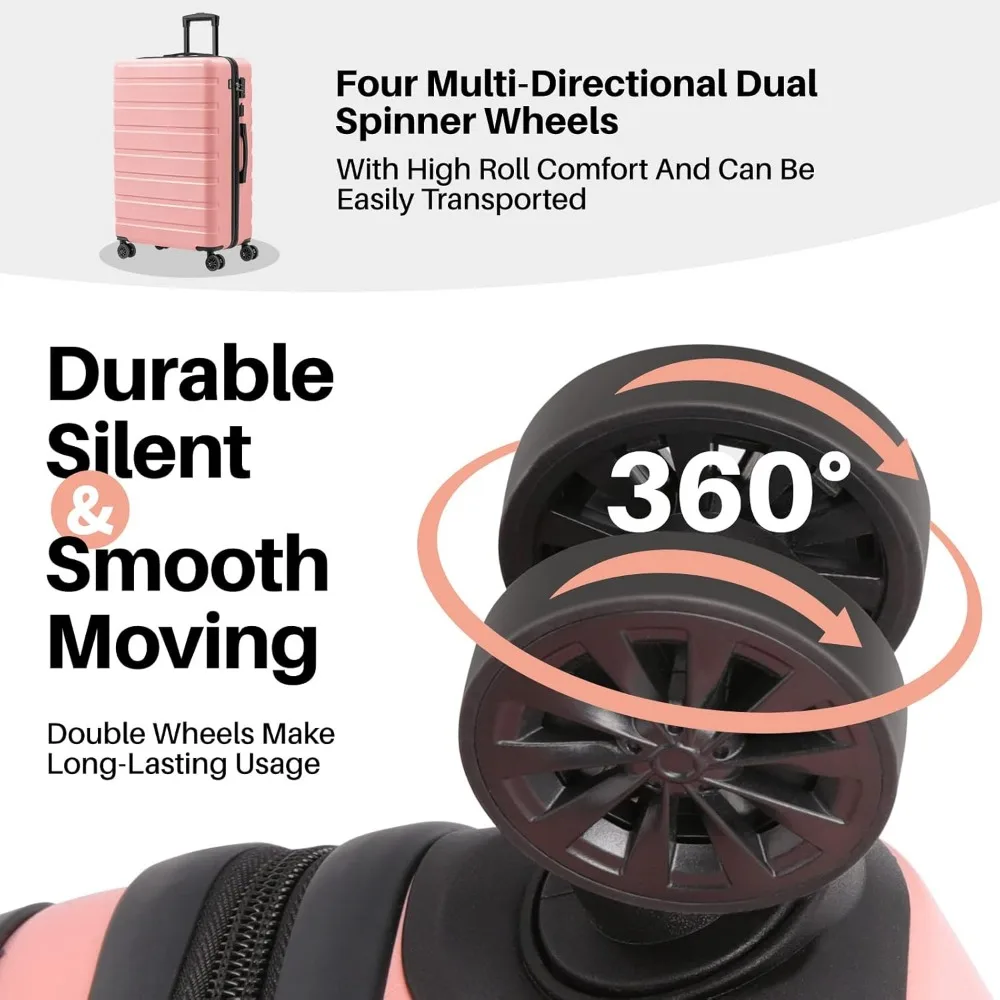 Lightweight ABS Hardside Luggage with USB Port, TSA Lock, Wheels, and Large 28 Inch Pink for Travel