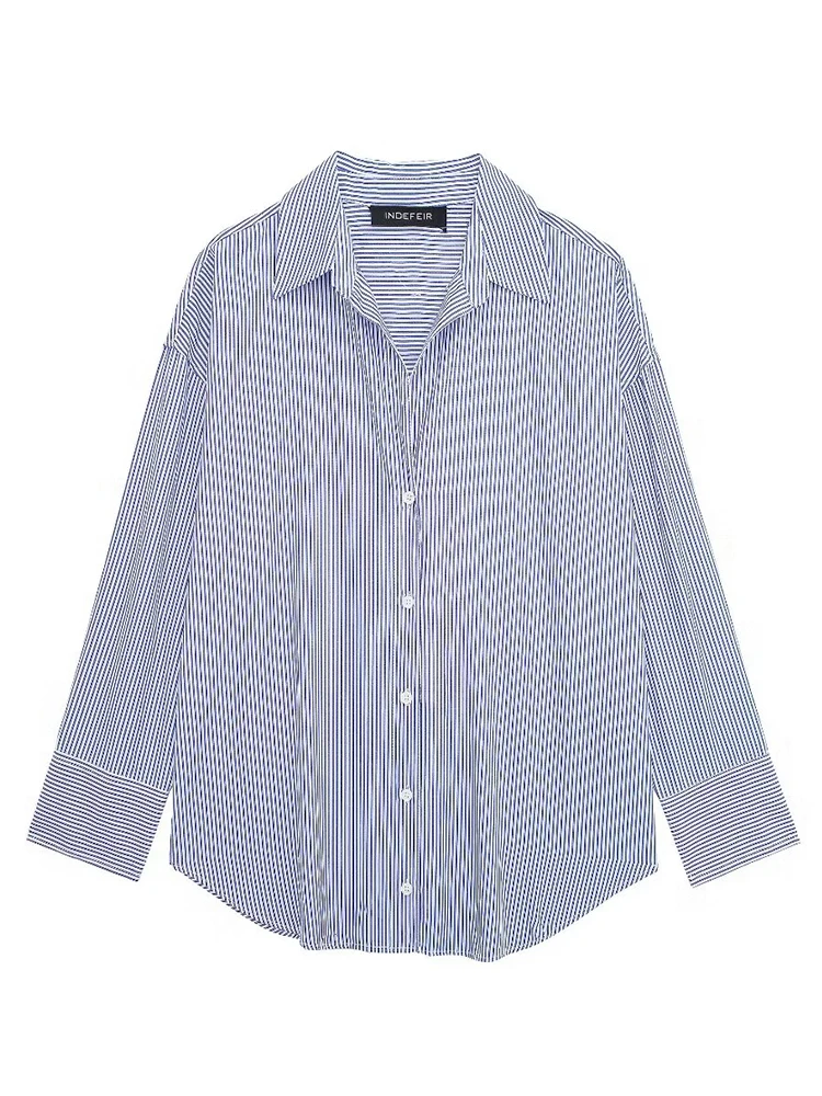 HH Women Casual Striped Print V Neck Shirts Long Sleeve Oversized Office Lady Shirts Fashion 2024 Spring Summer Blouses Top view 4