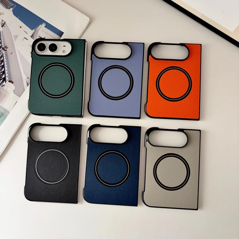 Premium Lychee Texture PU Leather For Magsafe Magnetic Case For iPhone Duo Anti-drop Foldable Protective Shell For iPhone Duo