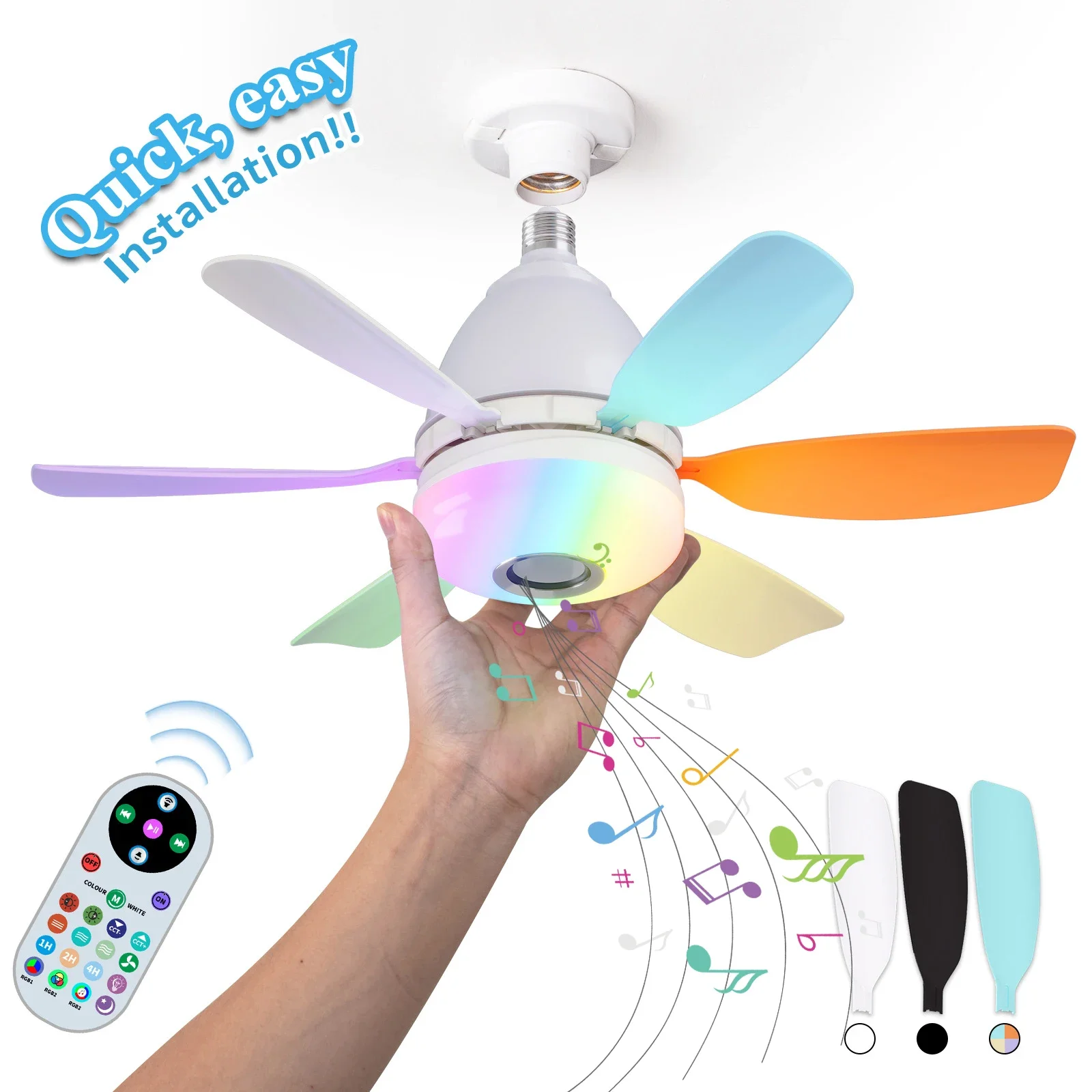 

RGB Ceiling Fans with Lights Bluetooth Remote Ceiling Fan Dimmable Light Noiseless Black Modern Small Ceiling Fan Bedroom Indoor