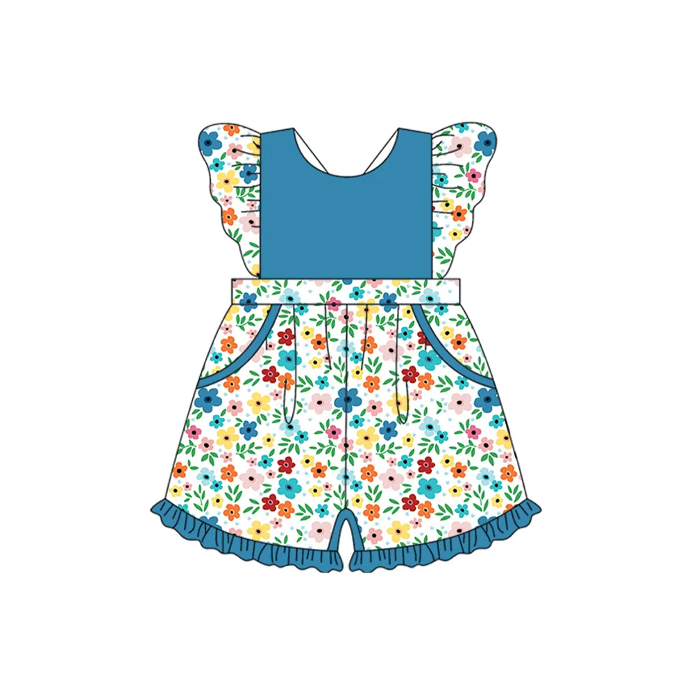 

Wholesale Boutique Little Girl Clothing Small Flying Sleeve Floral Series Jumpsuit Shorts Lace Lace Customized