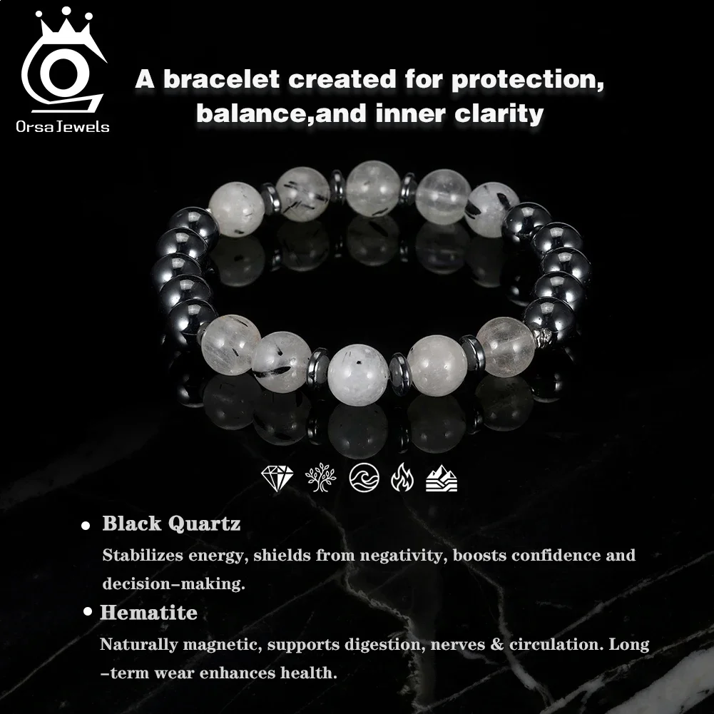 ORSA JEWELS S925 Fashion 8mm Natural Stone Bracelet Round Healing Crystal Bracelet Elastic Enhance Positive Energy Jewelry GMB77