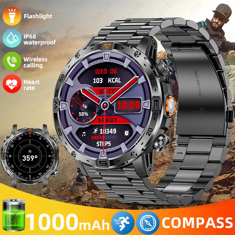 

LIGE Military Outdoor Compass Smart Watch Men LED Flashlight 1000mAh Battery IP68 Waterproof Sports Health monitoring Smartwatch