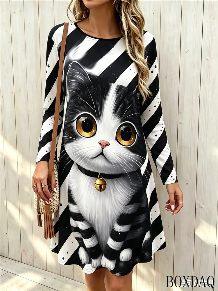 2026 Women's Casual Dresses Long Sleeved Round Neck Pullover Cat Pattern Printed Loose Home Dress For Autumn Winter