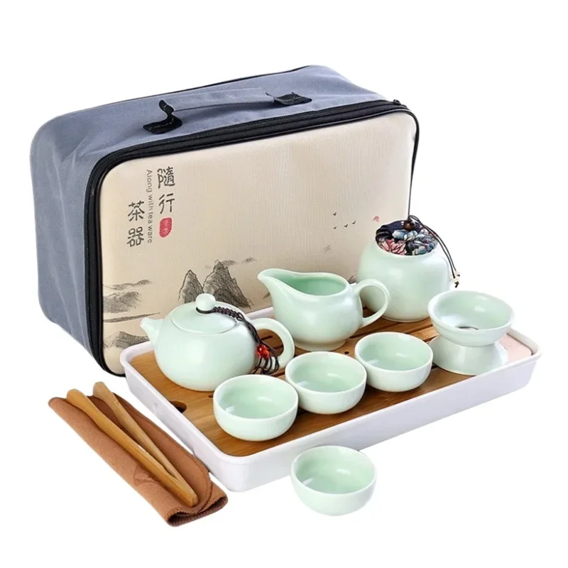 Chinese Travel Kung Fu Tea Set with Bag Ceramic Portable Teacup Porcelain Service Gaiwan Tea Cups Mug of Tea Ceremony Teapot