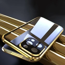 Double Sided Glass Metal Magnetic Case For iPhone 16 15 14 13 12 11 Pro Max Mini Plus Cases 360 Full Protection Snap Lock Cover