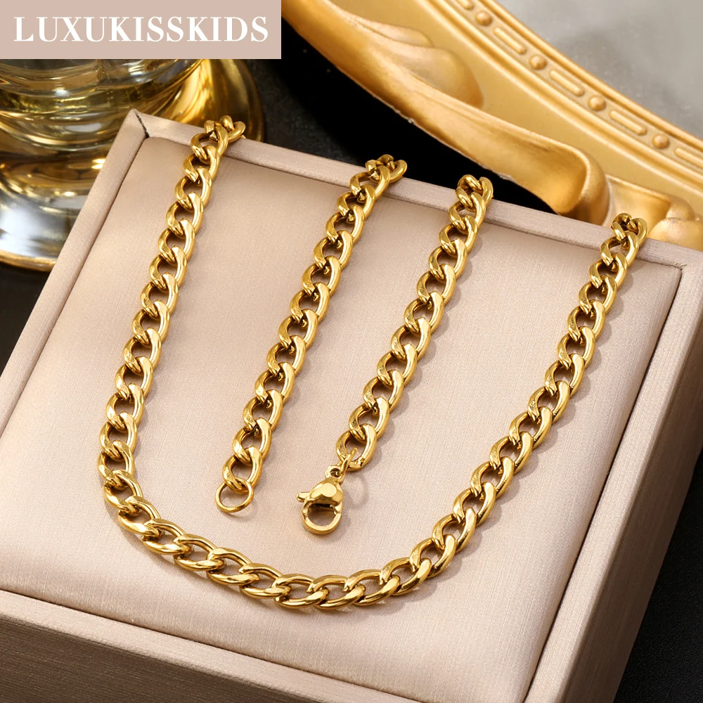LUXUKISSKIDS Hip Hop Width 5/7MM Cuban Link Stainless Steel Chains Necklace for Men Basic Simple Rapper's Choker on Neck Jewelry