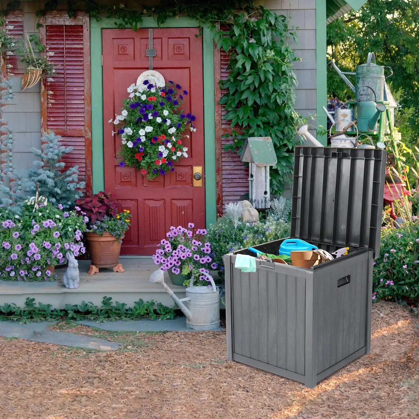 Caja de cubierta de almacenamiento de plástico para exteriores de 195L, cofre impermeable con cerradura para herramientas, cojines y juguetes, organizador de jardín