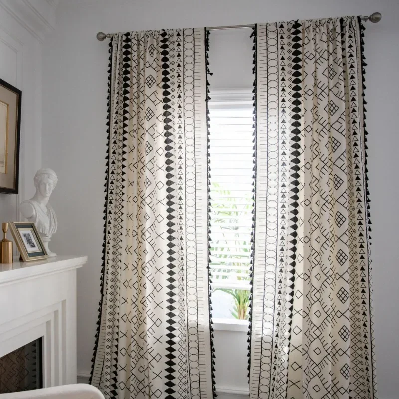 Vintage Farmhouse Curtain Bohemian Imitation Linen Hollow Crochet Pure Hand Sewn Semi-transparent Fringe Curtain 1PC