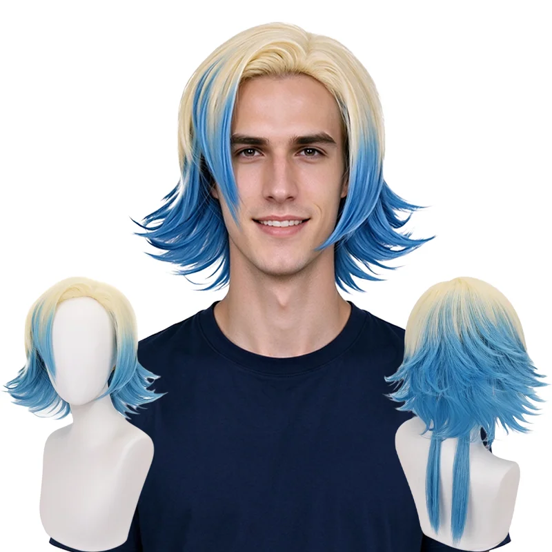 Halloween Anime Cosplay Wigs Unisex Blonde Blue Gradient Short Fluffy Wig with Long Back Tails Heat Resistant Synthetic Hair