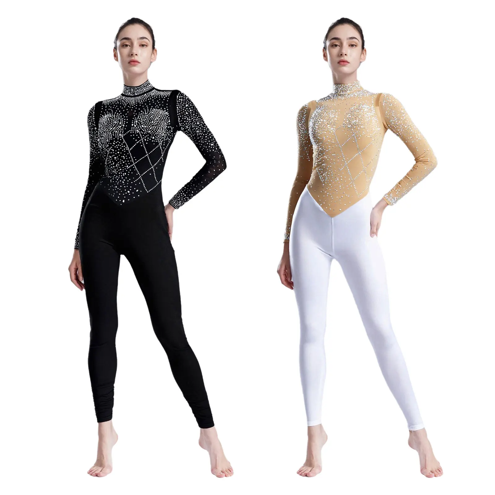 ชุดจั๊มสูทออกกำลังกายสำหรับผู้หญิง ประดับด้วยกลิตเตอร์และคริสตัล เหมาะสำหรับการเต้นรำ ยิมนาสติก ฟิกเกอร์สเก็ต แบบชิ้นเดียว ผ้าตาข่ายโปร่ง แขนยาว