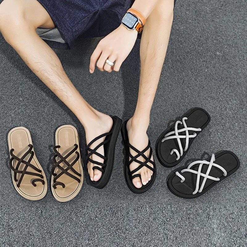 Woven Rope Clip Toe Flip Flops for External Wear Anti Slippers Thick Sole Clip Toe Sandals Summer Roman Beach Men's Shoes