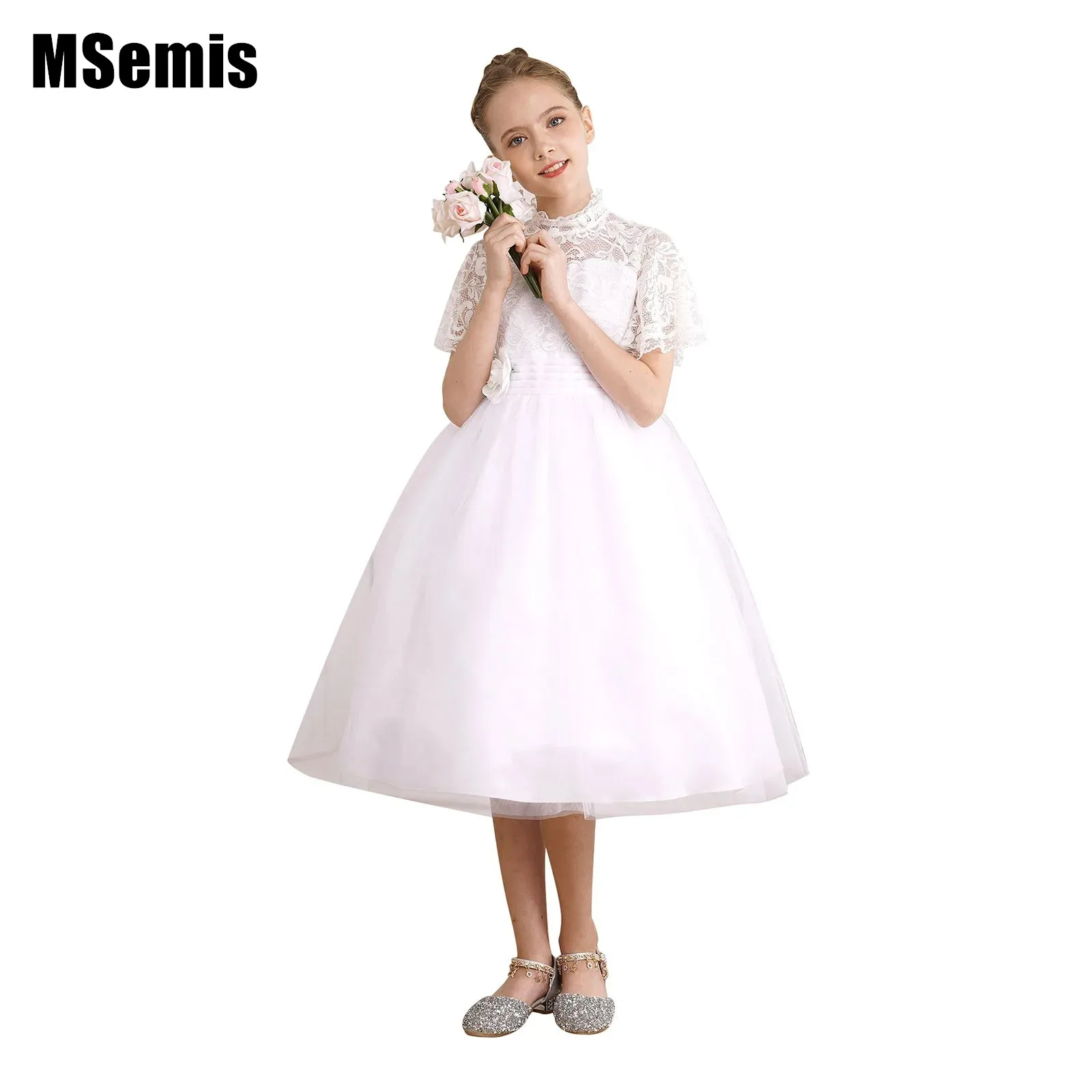 

Kids Girls Elegant Lace Party Gown Lace Bodice Flower Brooch Flare Sleeve A-Line Tulle Dress for Flower Girls First Communion