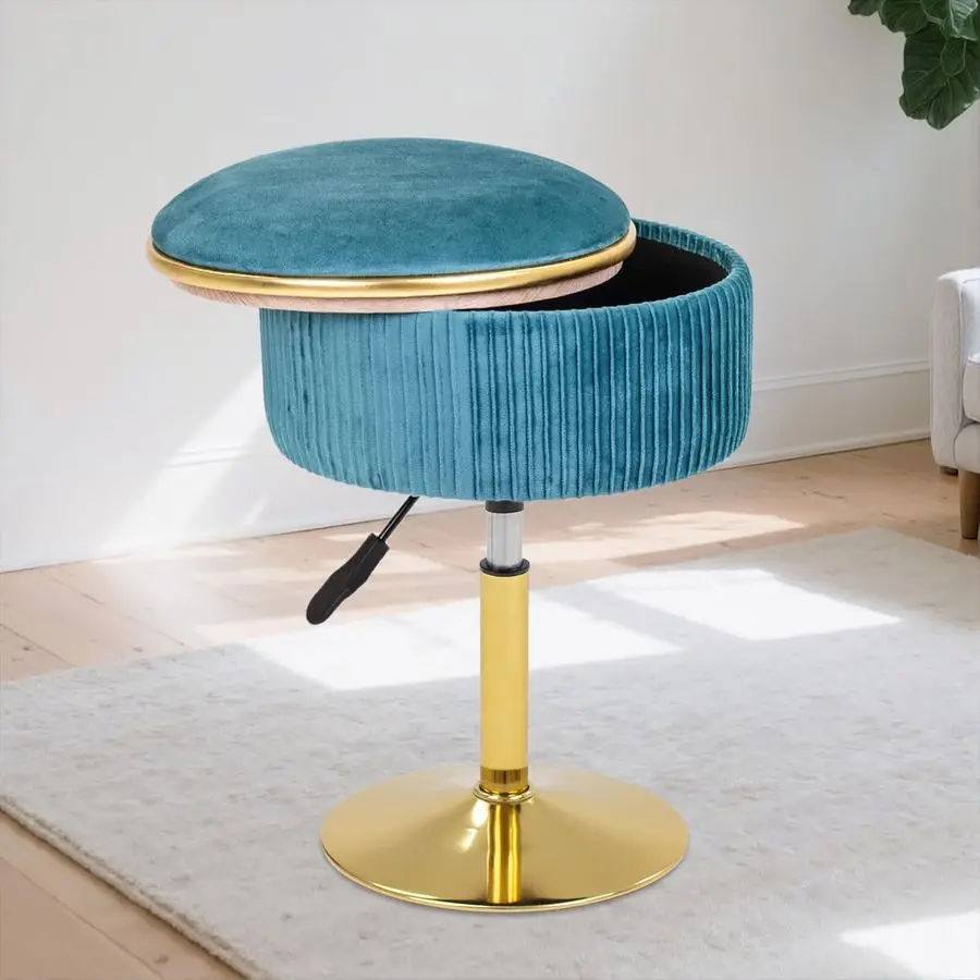 

Adjustable Vanity Stool with Storage, 360 Swivel Makeup Stool Chair Small Velvet Round Ottoman with Gold Base for Bedroom Blue