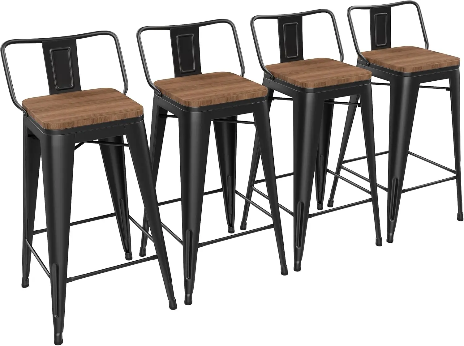 24" Metal Barstools Set of 4 Counter Bar Stools with Wood Top Low Back Matte Black