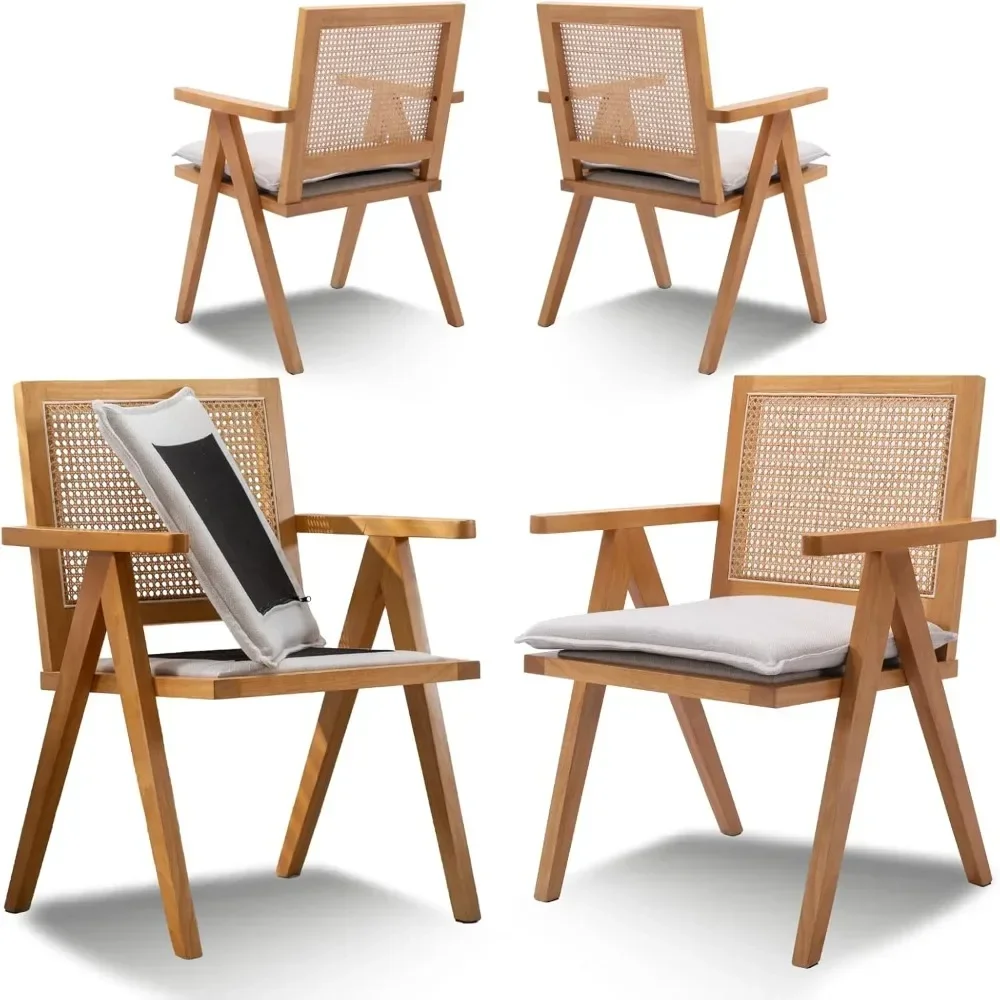 Farmhouse Rattan Dining Chairs Set of 4,Natural Wood Modern Dining Chairs Cane Back Country Kitchen Chairs Comfy Upholstered