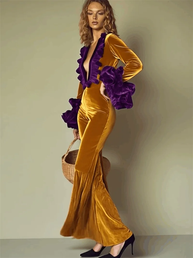 Tuta in Velluto da Donna Giallo Viola Sexy con Scollo a V, Maniche Lunghe e Pantaloni a Zampa, Ideale per Matrimoni, Serate, Banchetti e Feste