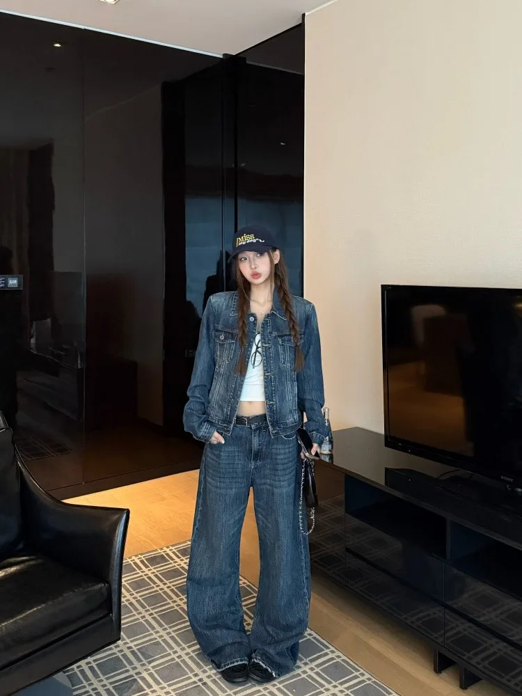 

Retro Hong Kong Style Women's Denim Jacket And High Waist Wide Leg Pants Casual Two Piece Set Spring Fashion Outfit