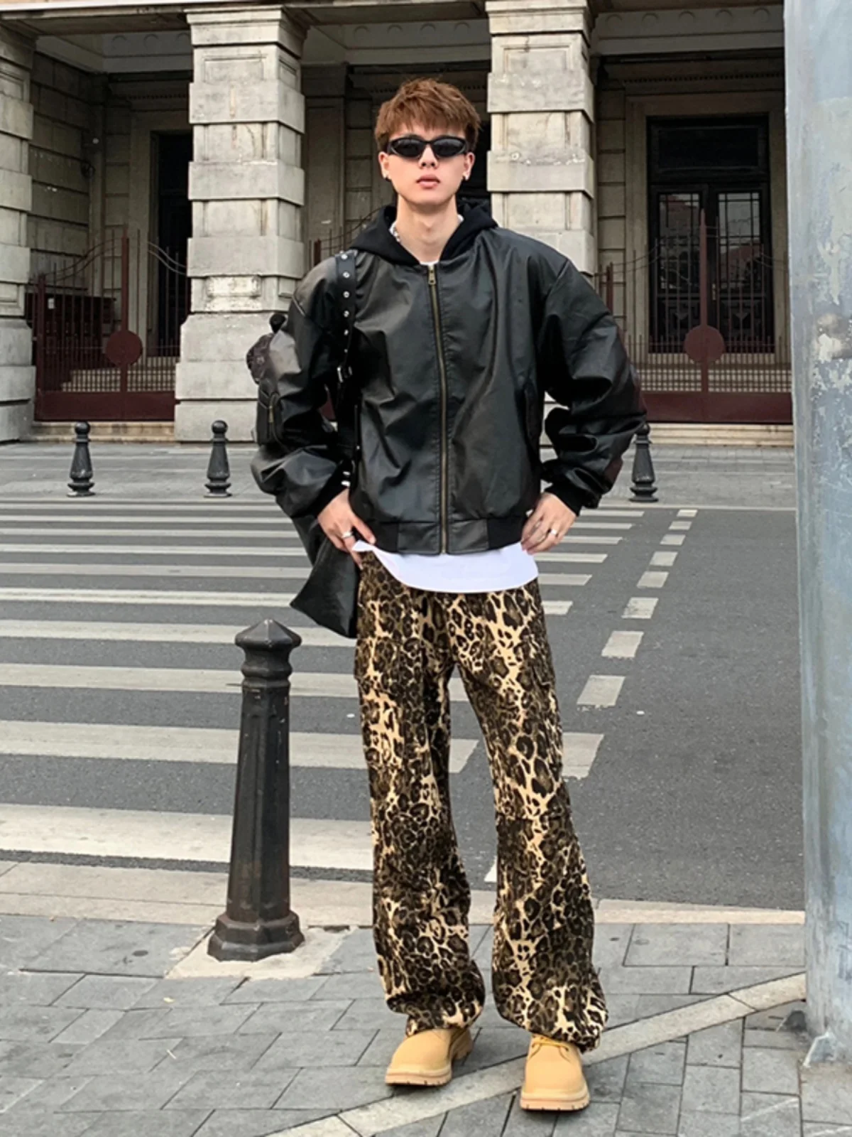 Cleanfit Leopard Print Workwear Pants Men's American Hip Hop Wide Leg Straight Cut Long Trousers Trendy Brand Youthful