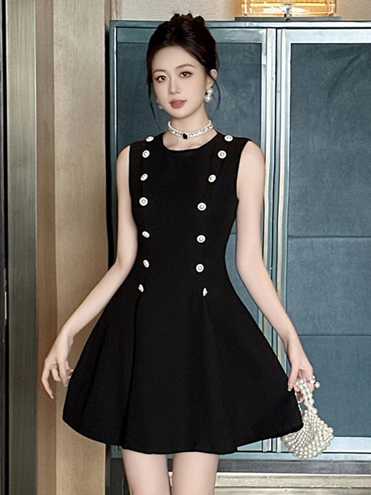 ملابس نسائية فستان قصير أنيق للسيدات حلو ريترو أسود مزدوج الصدر مطوي ثوب نسائي للحفلات والنوادي فيستدو سيدة