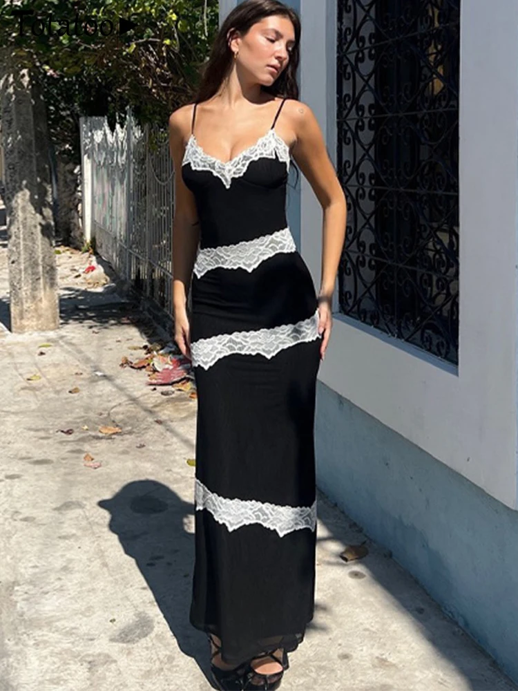 Totatoop Lace Patchwork Sexy Long Dress For Women 2024 Summer Strap Sleeveless Bandage Maxi Dress Beach Boho Vestidos Black