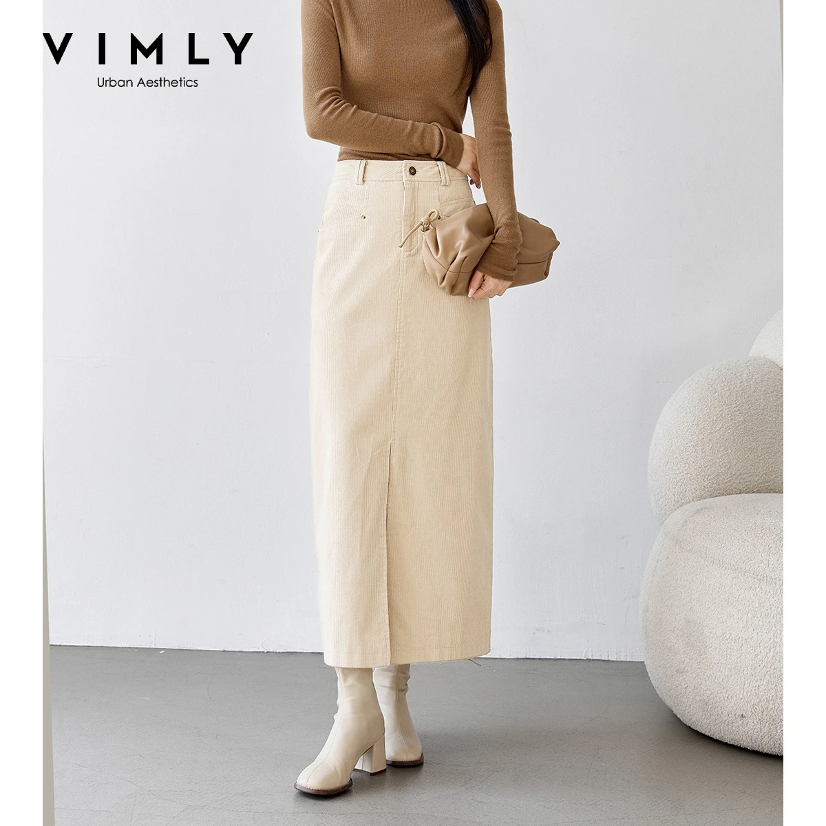VIMLY Women's Long Skirt Apron‑colored Midi Vintage Corduroy High‑waist Straight Front‑slit Skirts Casual Female Clothing A0587