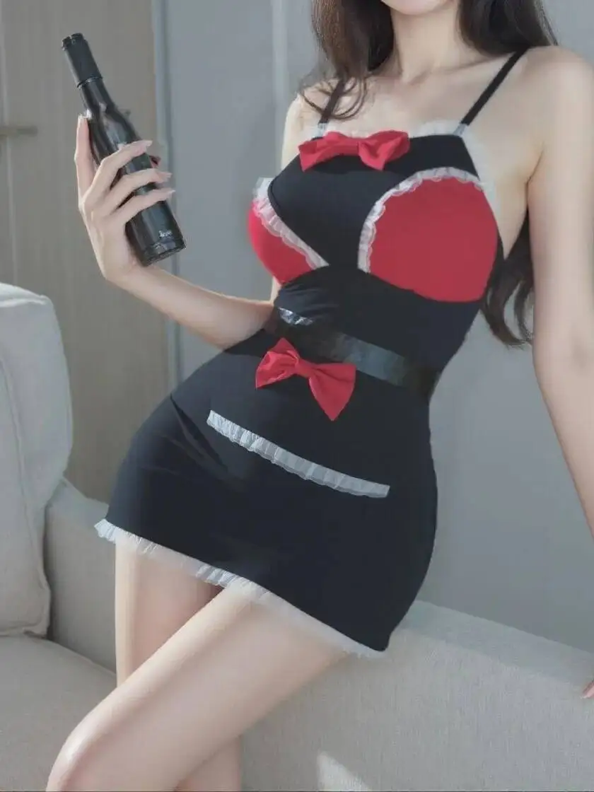 Delantal de sirvienta en vestido encantador lindo dulce lazo encaje recortado espalda descubierta tirantes en V profundo sin mangas vestido envolvente a la cadera elegante II1M