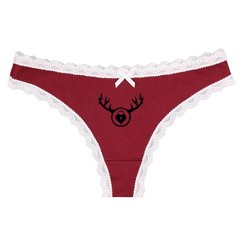 Cuckold Antlers Underwear Girls Wine Red Thong Naughty for Women Sexy Lingerie Temptation Lace Edge Bow Low Waist Panties