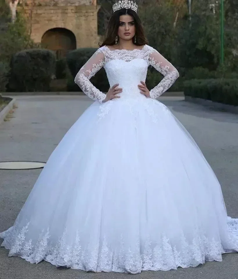 Personalizado árabe dubai branco vestidos de casamento mangas compridas rendas vestidos de noiva apliques primavera outono capela jardim vestidos de n