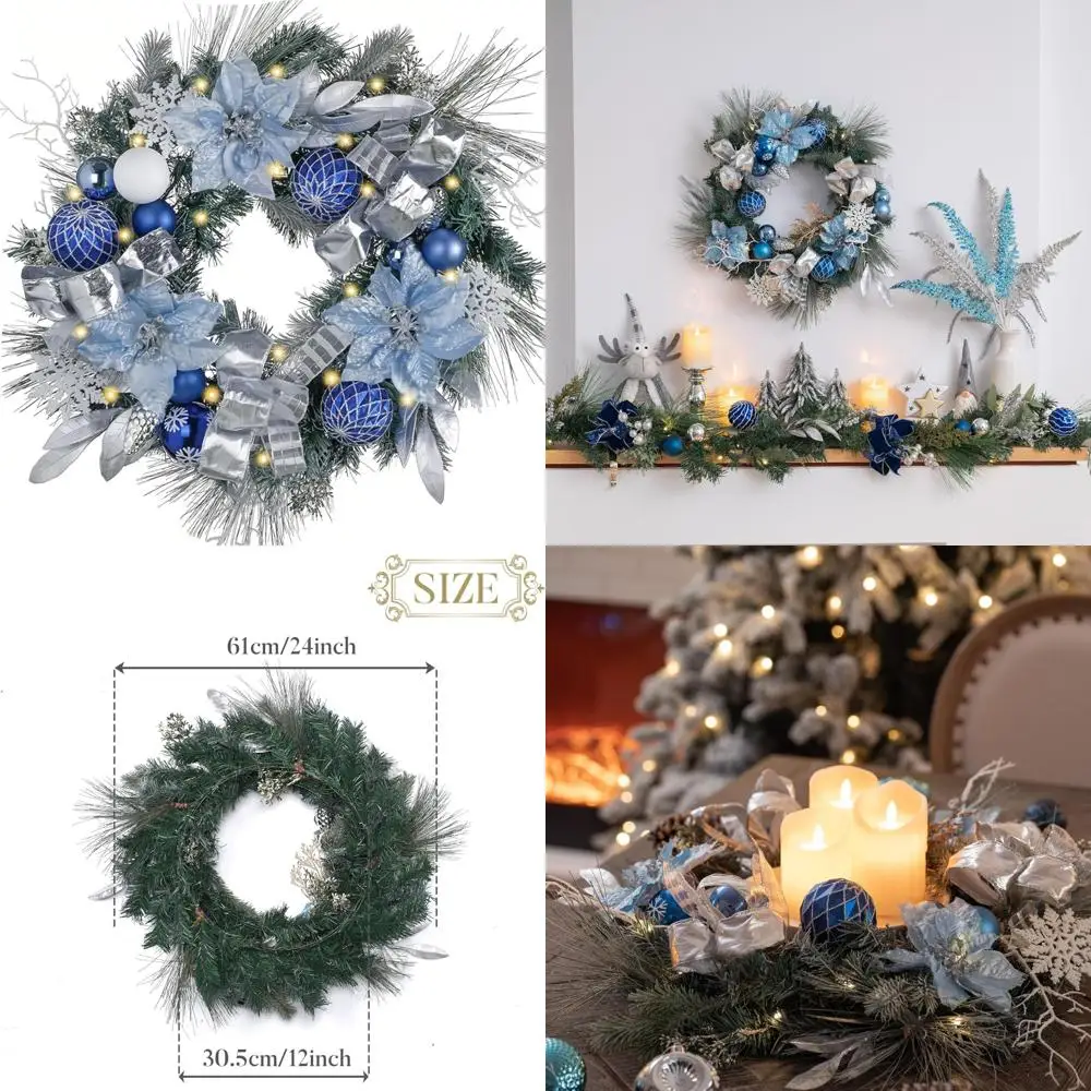

Large Outdoor Christmas Wreath with Lights, 24 Pre-Lit Front Door Decor, Silvery Blue Lighted Holiday Wreath