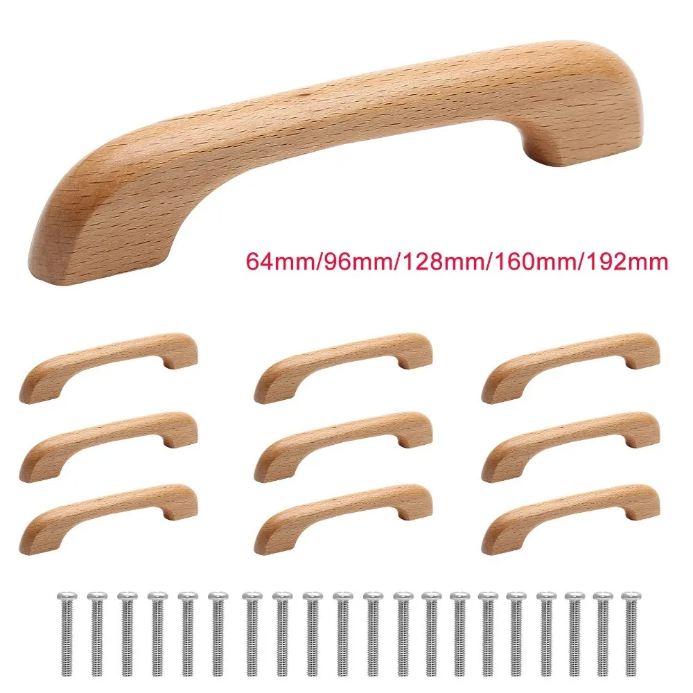 10 Pcs Natural Wood Cabinet Pulls Handles Solid Wood Handles for Kitchen Drawers 64mm/96mm/128mm/160mm/192mm Hole Spacing