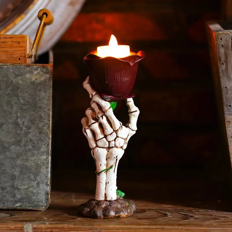 Halloween Skeleton Hand Rose Candlestick Decoration A Resin Home Retro Romantic Candlestick Atmosphere Decoration