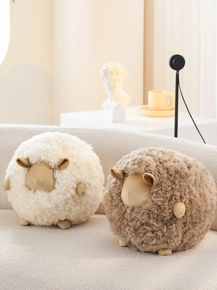 Doll plush toy high-end real wool sheep shape solid color round ball fashion living room sofa throw pillow female birthday gift