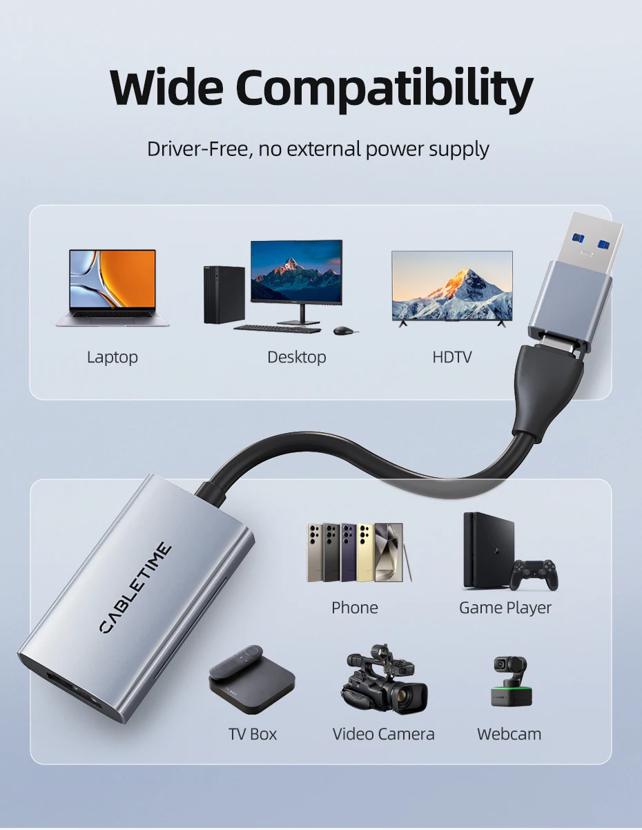 CABLETIME Video-Aufnahmekarte USB 3.0 4K HDMI zu USBA USB-C HDMI Video-Grabber-Box für PC Computer Kamera Live-Gaming – Detail 12