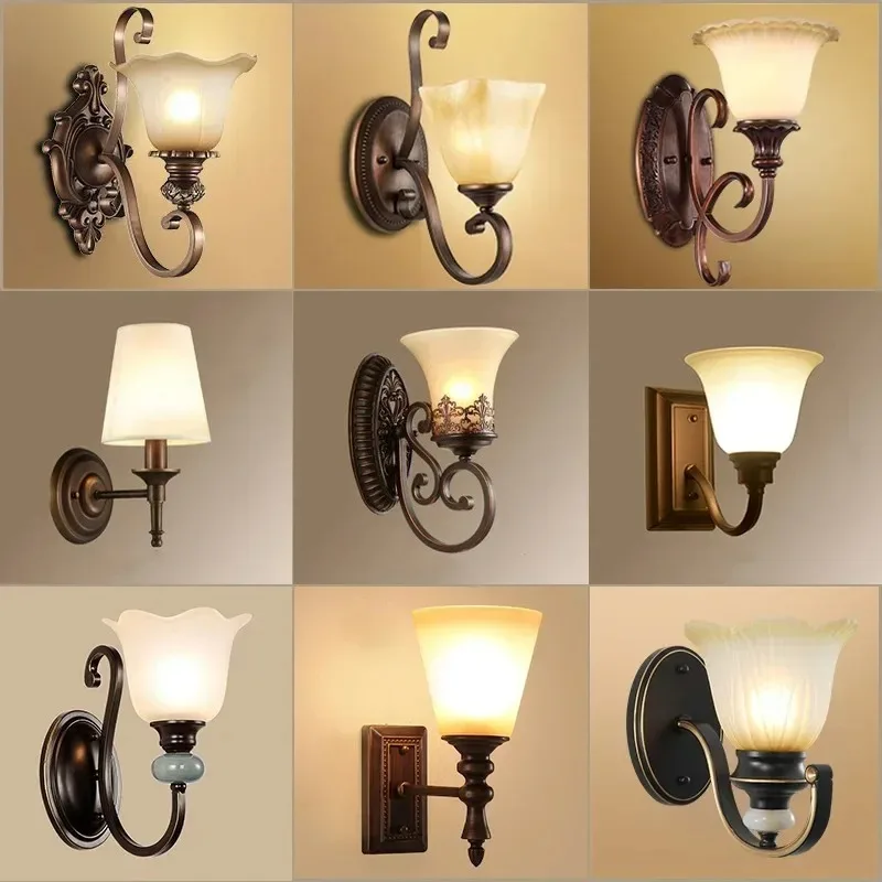 American Style Wall Lamp European Style Retro Iron Art Living Room Bedroom Bedside Staircase Corridor Lighting Decoration
