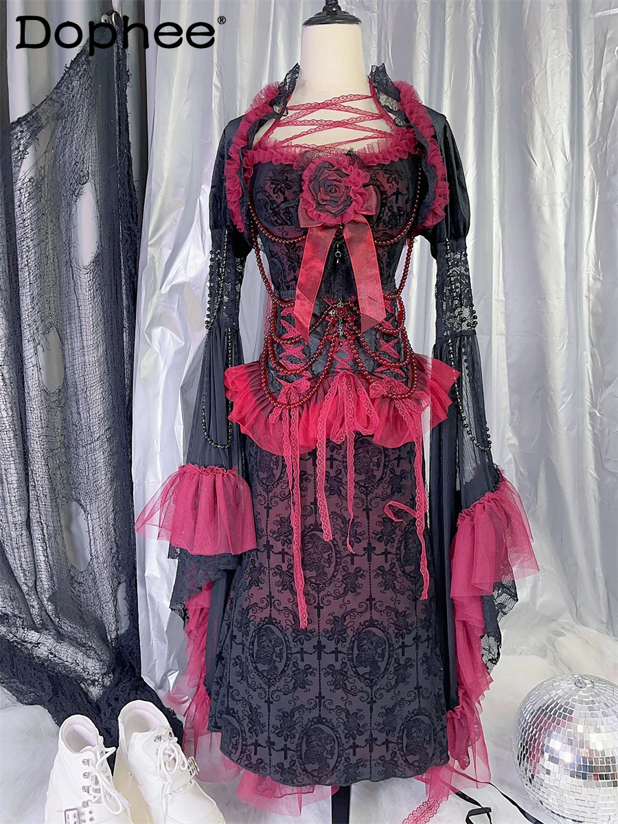 

Y2K Subculture Japanese Original Gothic Black and Red Lolita Dress Sexy Sweet Cool Girl Punk Strap Long Dress