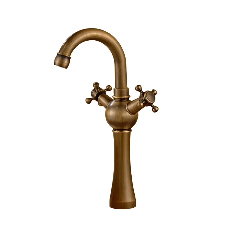 

Antique brass washbasin hot and cold faucet retro double handle single hole bathroom washbasin
