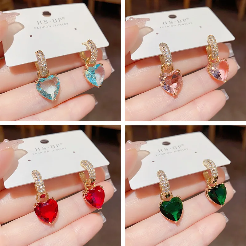 Small Fashion Personalized Colorful Crystal Heart Earrings with Two Wear Style Exquisite Light Luxury High Sense Trendy Earrings