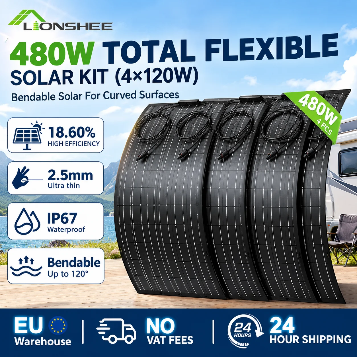 Kit de panneaux solaires flexibles Lionshee 480 W (4 x 120 W) – Monocristallin, IP67, rendement de 18,6 %, 1,95 kg, pliable – Pour toiture, jardin et installation hors réseau