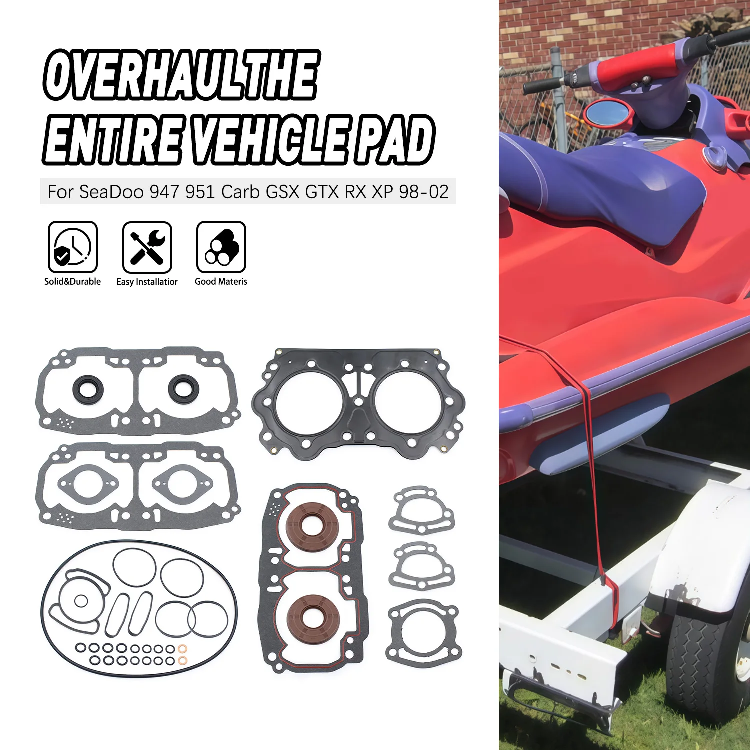 

Accessories Moto For SeaDoo 947 951 Carb GSX GTX RX XP 98-02 947 951 GSX GTX 1998-2002 Engine Rebuild Gasket Crank Pad Seal Kit