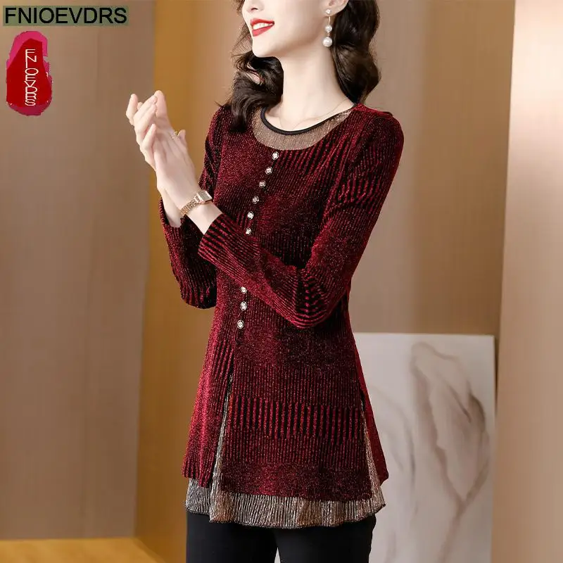 M-5XL Ruffles Bow Tunic Tops Women Long Sleeve Elegant Office Lady Belly Design Bling Button Warm Velvet Peplum Top Blouses