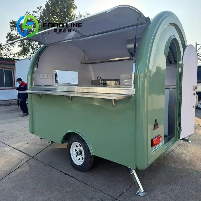 عربة طعام متنقلة، تصميم دائري صغير، فتحات تصريف، مناورة سهلة لاستخدام بائع طعام الشوارع حسب الطلب #2