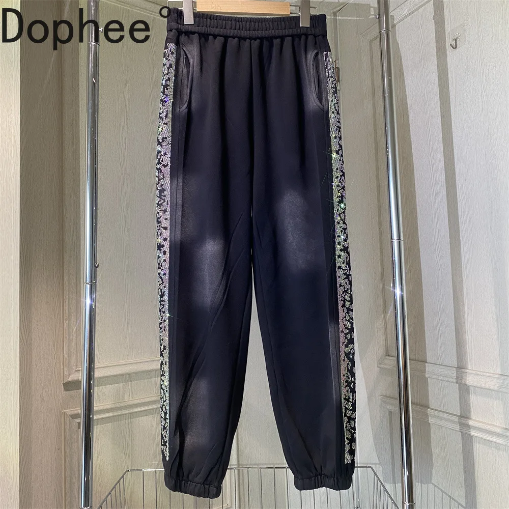 

Large Size Women Sports Pants 2025 New Autumn Winter Shiny Hot Drilling Casual Harem Pants All-match Elastic Waist Long Trousers