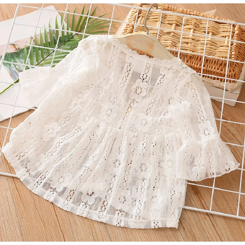 2025 Summer 3 4 6 8 10 12 Years V-Neck Breathable Beach Running Sunscreen UV Sun Protection White Lace Jacket For Kids Baby Girl