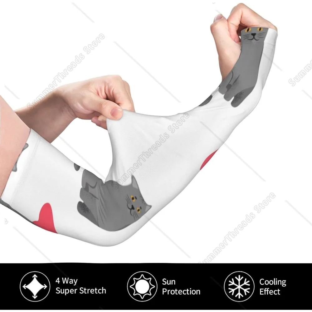 Funda de brazo con fondo blanco de gato y corazón, manga larga de hielo para dedos de verano, sin protección solar, absorción del sudor, agua, secado rápido