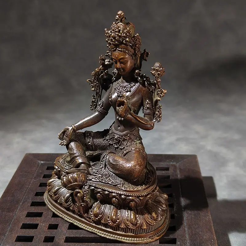 Retro Green Tara Buddha Alloy Ornament Desktop Home Offering Bodhisattva Statue Tantra Nepalese Bronze Collection