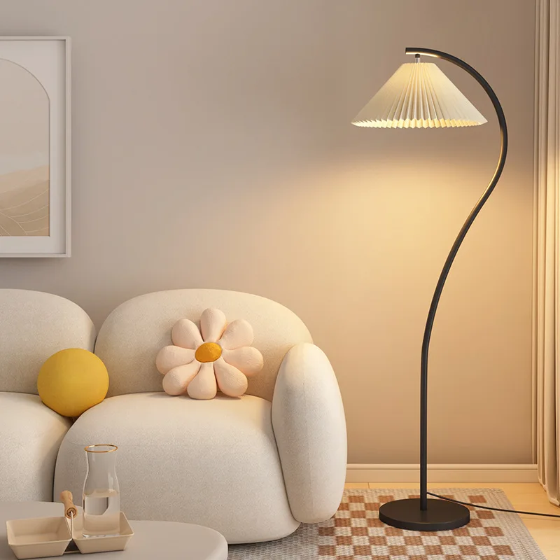 Nordic Cream Style Floor Lamp Originality Minimalist Pleated Fabric LED Living Room Decoration Bedroom Headboard Standard Light