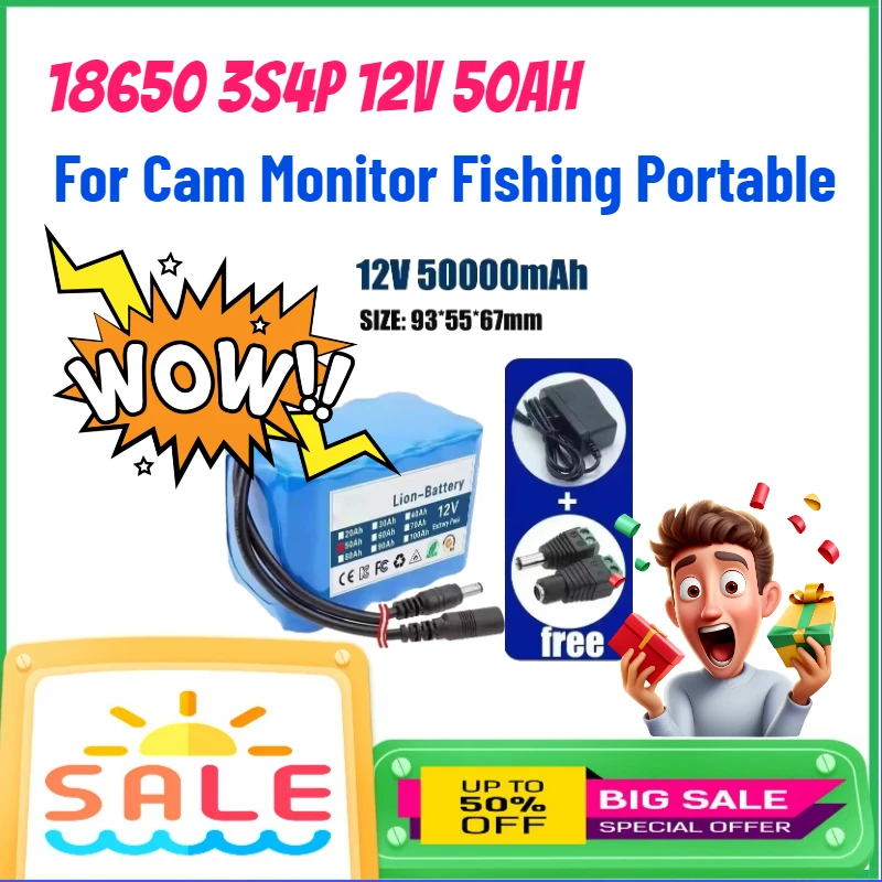

18650 3S4P 12V 50Ah Rechargeable Battery for Cam Monitor Fishing Portable Lithium Battery