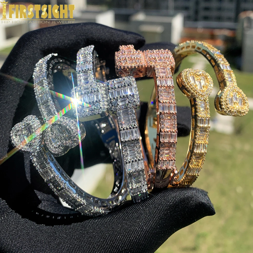 2025 New Iced Out Bling Opened Heart Zircon Charm Bracelet Rectangle AAA CZ Hearts Bangle For Men Women Hiphop Luxury Jewelry view 6
