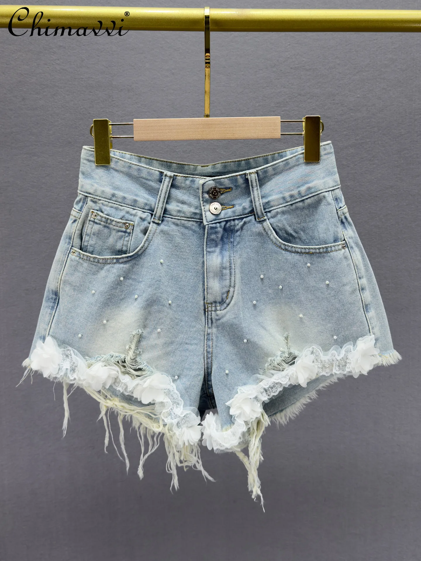 

Fashion Ripped Raw Edge Denim Shorts for Women 2026 Summer Clothes New High Waist Slimming European Beaded Wide Leg Hot Pants